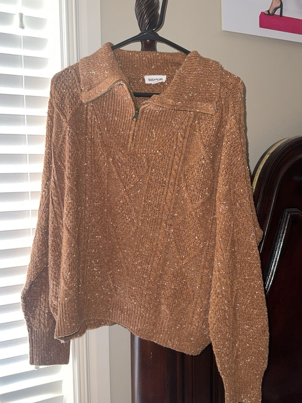 Sugarlips Brown Speckled Knit Quarter-Zip Sweater
